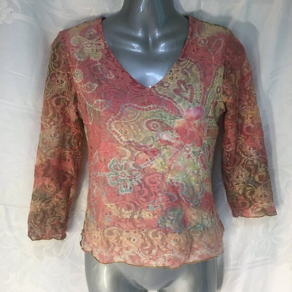 Women's Sz S Shirt Top 90s Lace Crop Reversible Floral Black Bohemian Y2K Fairy - Picture 10 of 16